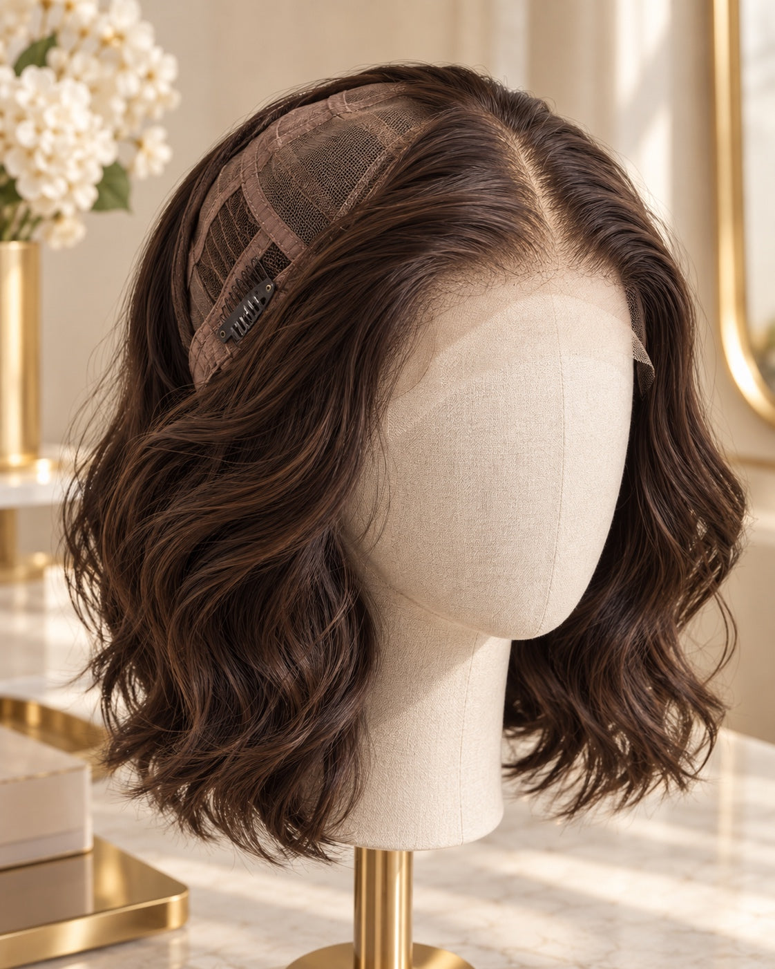 Cranial prosthesis on a cream mannequin with the cap lifted to show its lace crown, adjustable straps and clips