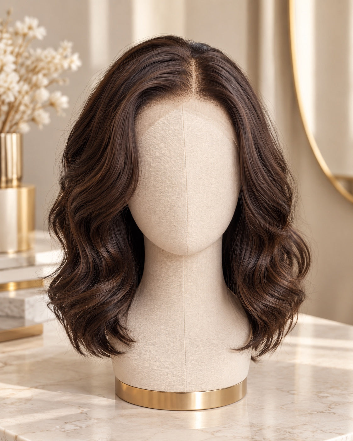 Shoulder-length dark brown wig with soft waves displayed on a cream mannequin in a refined studio setting