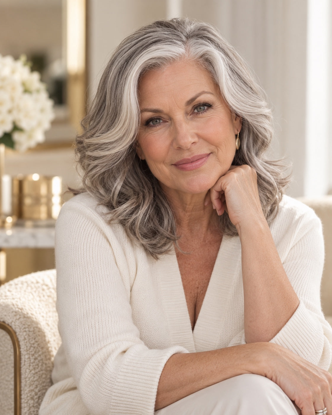 Woman with shoulder-length silver-grey hair in soft waves, seated in a bright cream interior